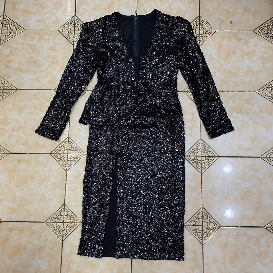 Autumn New Black V-neck Sequin Dress 2020 Long Sleeve Bowknot High Split Bodycon Celebrity Runway Club Party Vestios | Женская одежда
