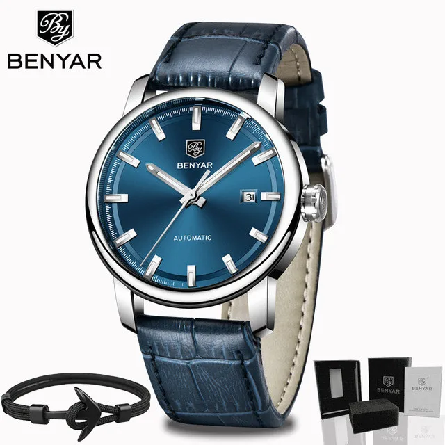 Silver Blue BoxGift Новинка, BENYAR, Мужские автоматические механические часы, мужские часы, Топ бренд, Роскошные мужские часы, военные наручные часы, Relogio Masculino - Цвет: Silver Blue BoxGift