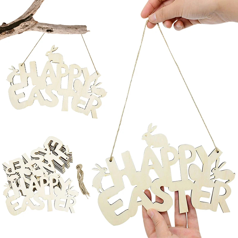 

Happy Easter Wood Pendant Easter Bunny Egg Chick Flower Rabbit Wooden Craft Easter Decorations DIY Wood Chips Hanging Ornaments