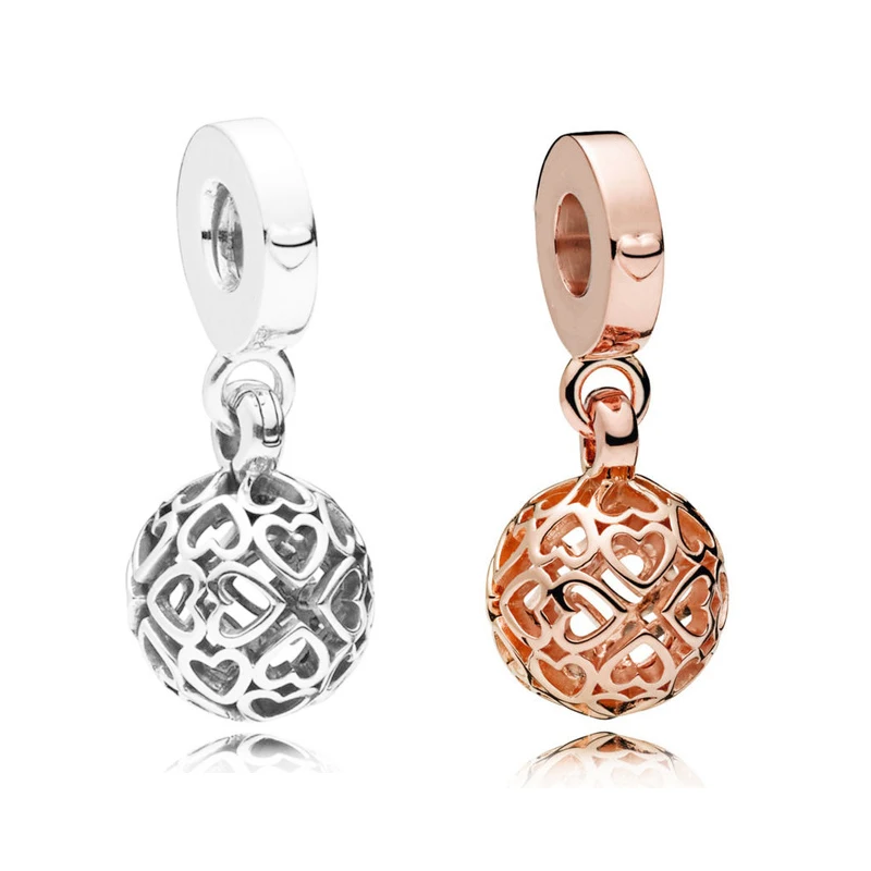 

2 Colors Silver & Rose Golden Hearts Pendant 925 Sterling Silver Charms For Bracelets Women Heart Ball Charms for Jewelry Making