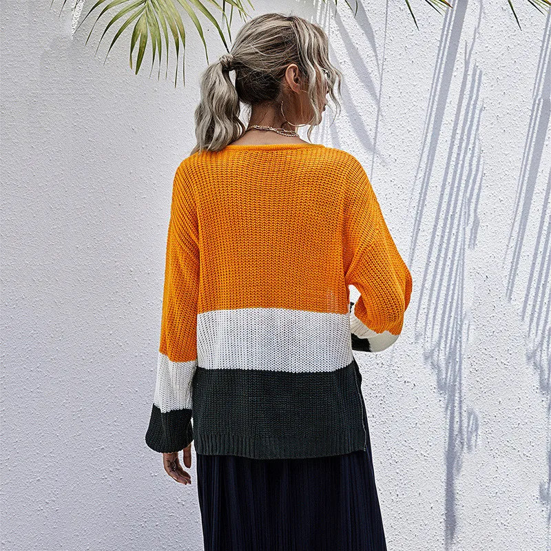 

New Arrival Patchwork Women Sweater 2020 Autumn Casual Fashion O-neck Lantern Sleeves Sweater