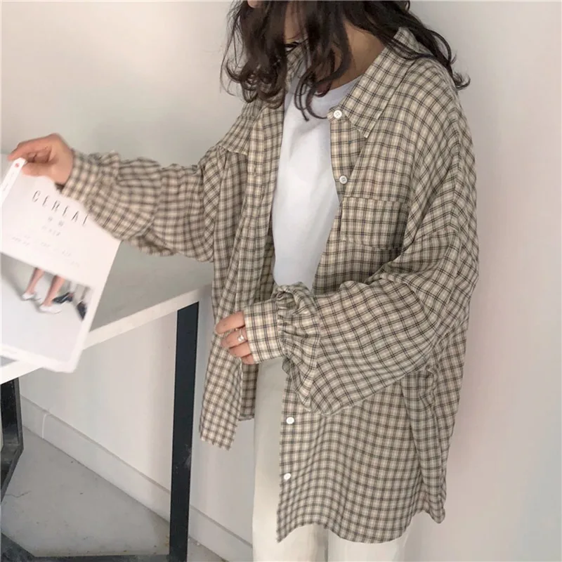 

Shirts Women Kawaii Simple Casual Plaid Loose Korean Style Daily All-match Harajuku Cute Student Womens Clothing Fashion Vintage