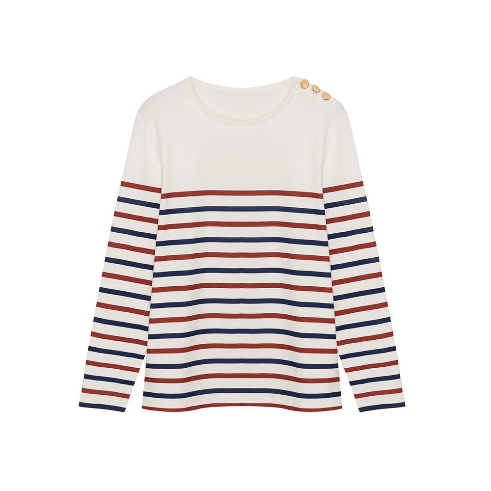 Женская хлопковая футболка в контрастную полоску с длинным рукавом и пуговицами