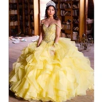 yellow quinceanera dresses off the shoulder organza cascaded prom dresses masquerade ball gown sweet 15 dress 2020 vertidos de