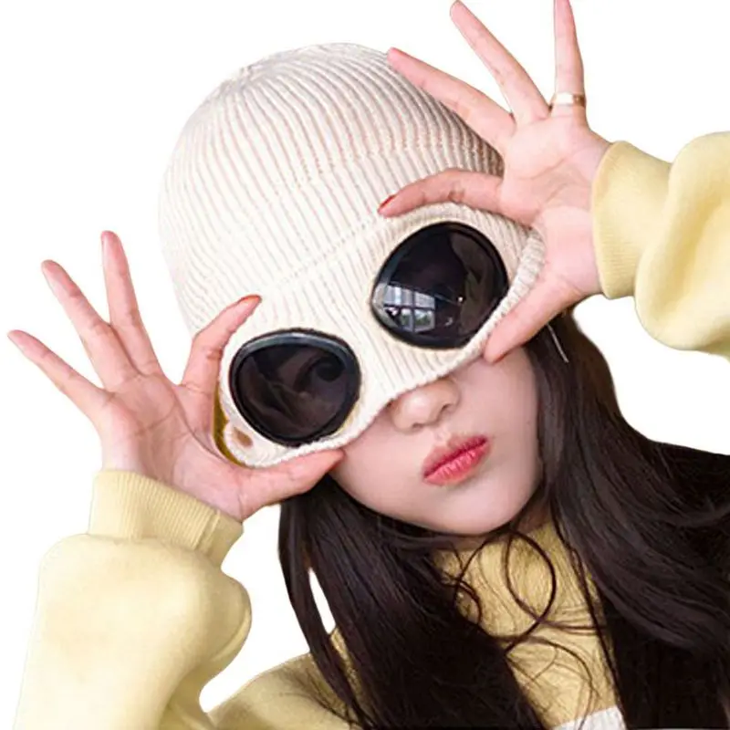 

Winter Warm Beanies Knit Snow Hats With Windproof Sunglasses For Man Women Fleece Lined Ski Hat 2 In 1 Warm Knit Cap