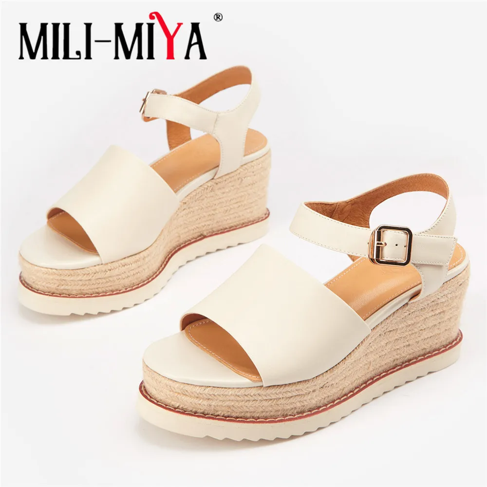 MILI-MIYA Summer Buckle Women Sandals Soft Sheepskin Open Toe Fashion High Heel Wedges Platform Soild Color Shoes Drop Shipping