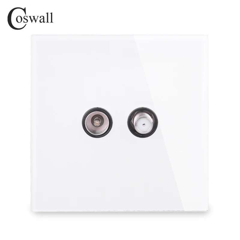 COSWALL Crystal Tempered Glass Panel Wall Satellite Socket With Female TV Outlet Black White Gold Grey R11 Series