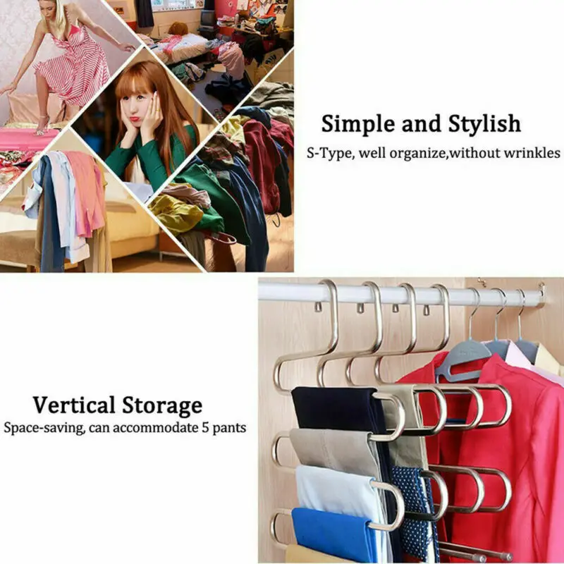 

Stainless Steel Wardrobe Storage S Type Pants Trousers Hanger Multi Layers Clothing Towel Storage Rack Closet Space Saver
