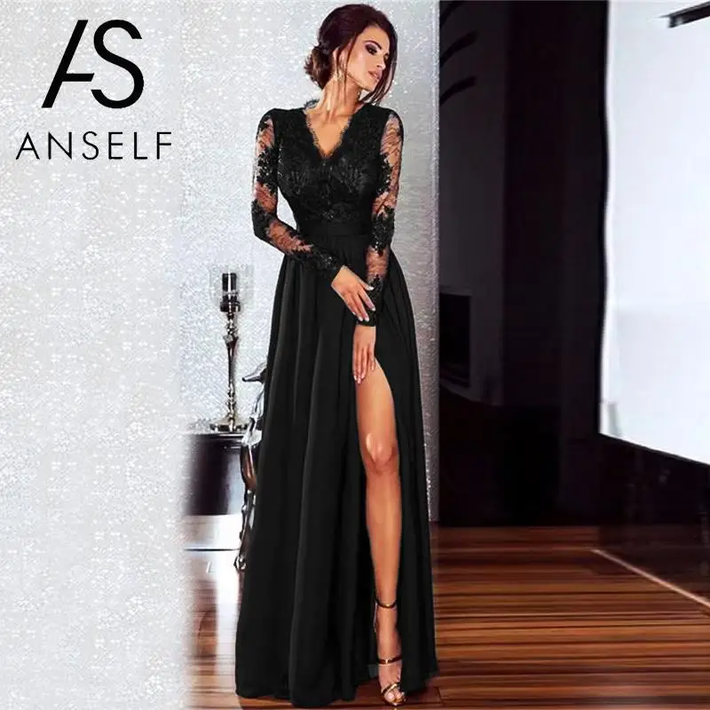 Женское кружевное платье макси с глубоким V образным вырезом и длинным