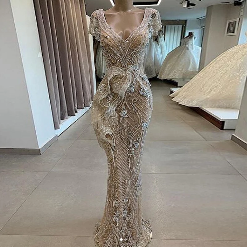 

2020 Capped Sleeves Champagne Prom Dresses Mermaid See Through Evening Dress robe de soiree Formal Gown Zipper vestido de festa
