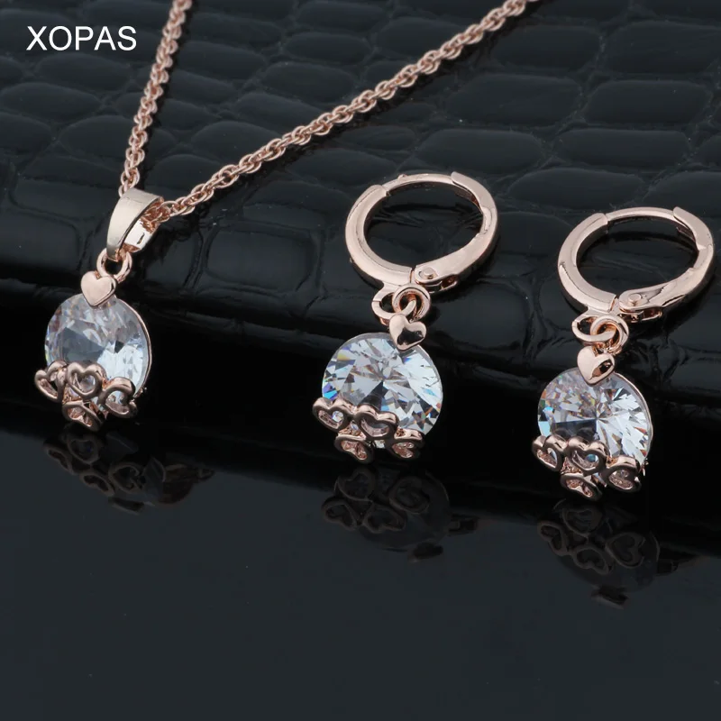 XOPAS круглый милое ожерелье серьги набор с 585 розовым золотом цвет цепи Delicated