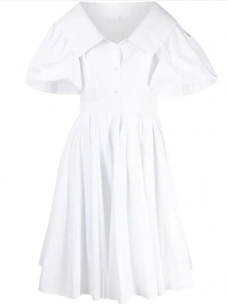 

White Dress 2021 New Hot Sale Front Single Breasted Dresses Women Summer Lantern Sleeve Slim A line Office Lady Empire Dress