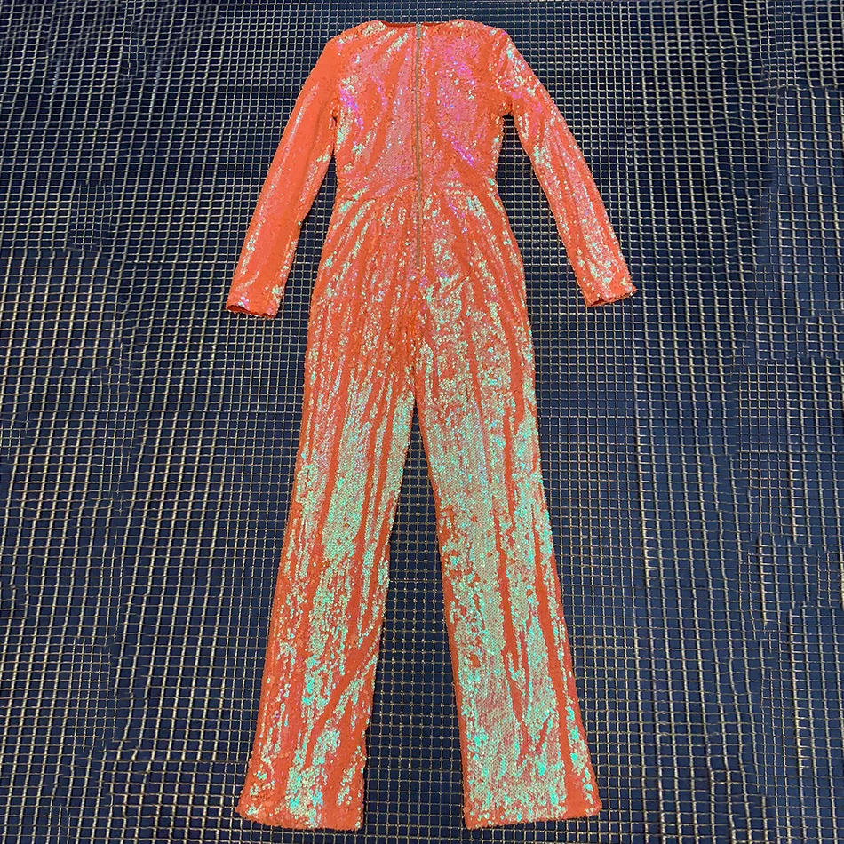 Новинка 2019 комбинезон Женский Блестящий Облегающий оранжевого цвета с длинными