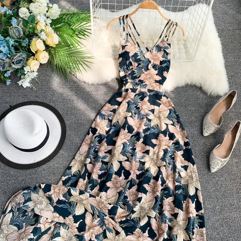 

2021 Floral Print Dress Summer Women Sexy V-neck Backless Long Dresses Female Elegant Bohemian Party Dress Vestido