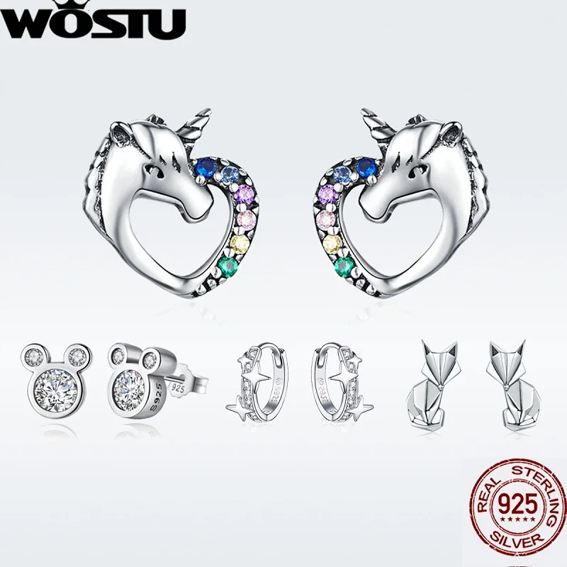 WOSTU Горячая 925 пробы серебряные серьги гвоздики для женщин кошка любовь, сердце, кубический циркон серьги вечерние свадебные модные ювелирные изделия