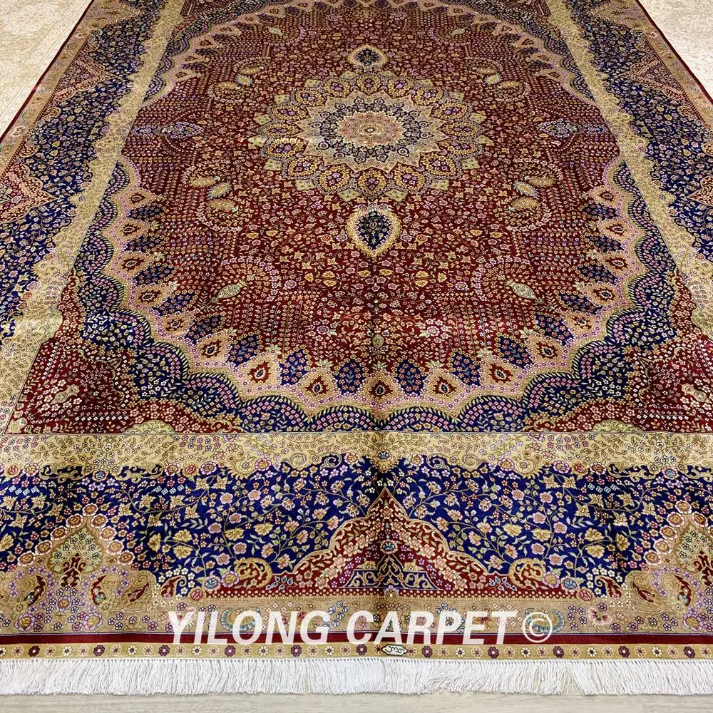Goedkoop Yilong 9.2 'X 12.8' Perzische Oversized Zijden Kleed Handgeknoopte Rode Medaillon Qum Tapijt (ZQG282A)