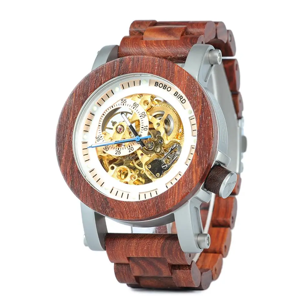 BOBO BIRD Mens Automatic Mechanical Watch Classic Style Luxury Analog Wristwatch Wooden With Steel in Gift Wooden Box