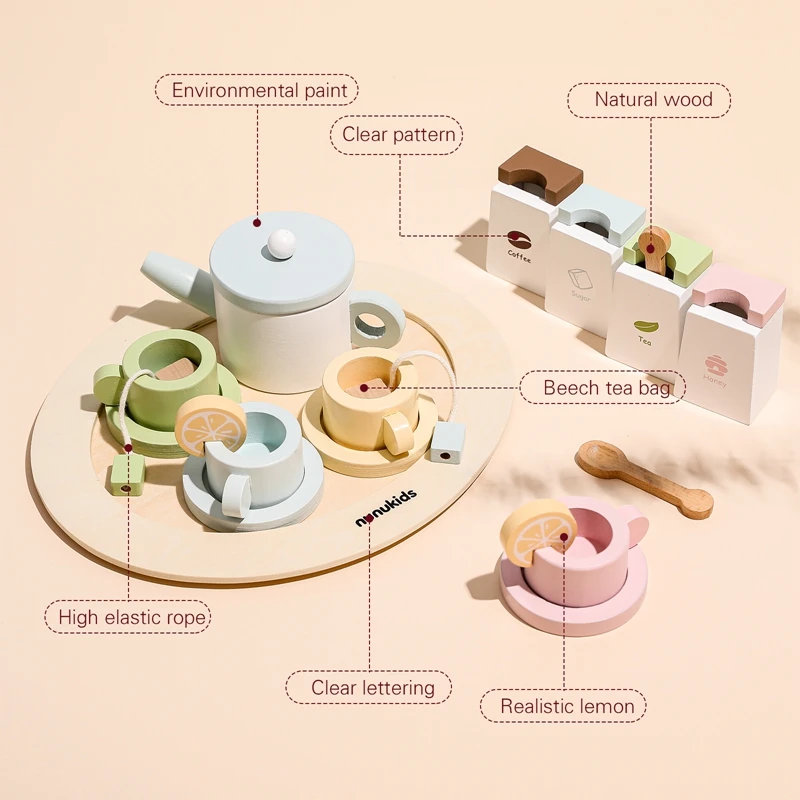 

1Set Montessori Wooden Pretend Play Sets Simulation Tea Kit Game Wood Toys Play House Early Educational Puzzle Toys Kids Gifts