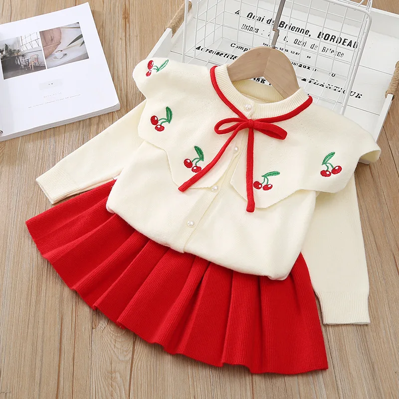 

College Style Girls Dress New Winter Kids Girl Party Dress Long Sleeve Knitted Pullover Dress Bow Cute Children Knitwear 2pcs