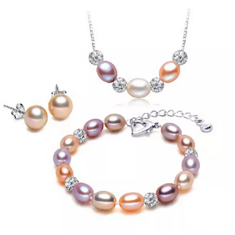 

[MeiBaPJ]Real 925 sterling silver 100% freshwater pearl jewelry sets pendant earring in natural 5 colors for women gift box