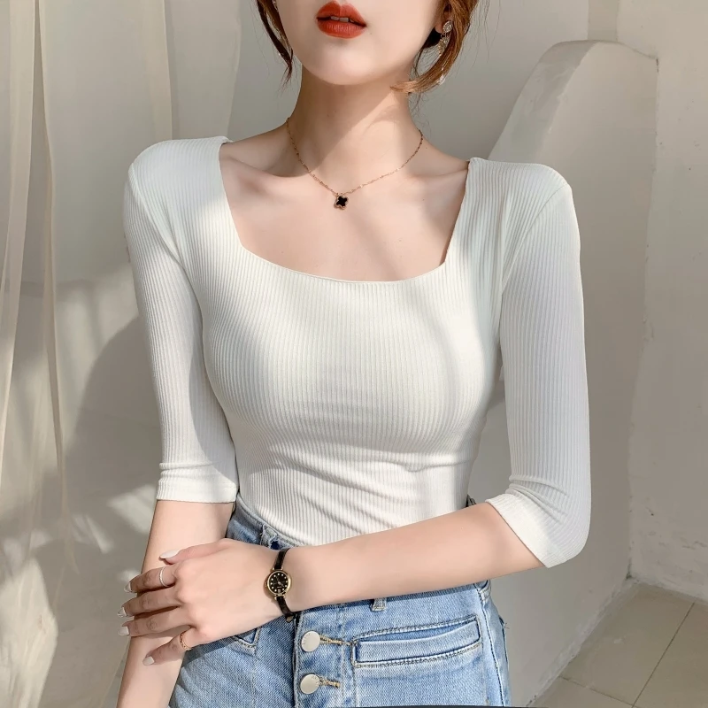 

Spring and summer Square collar short-sleeved thread bottoming shirt women's bottoming shirt loose mid-sleeved t-shirt