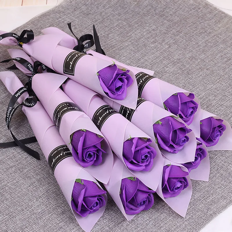 Букет розы фиолетовые цветы мыла для свадьбы Валентина 35 см ручной искусственный