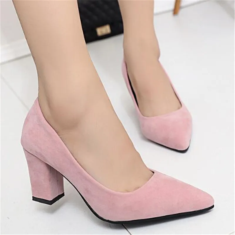 Туфли лодочки женские на толстом высоком каблуке 7 см флоковые без застежек