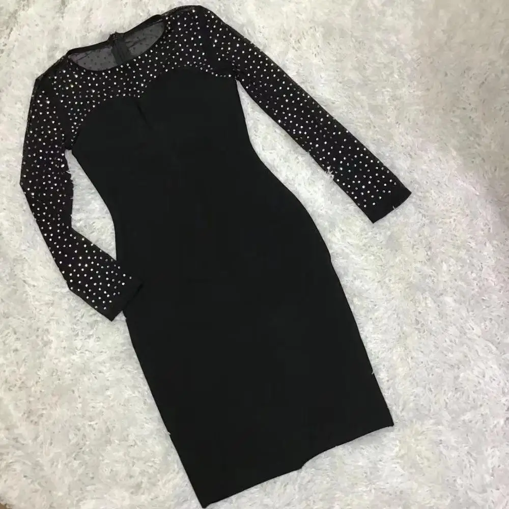 

Spring Women Fashion Sexy Long Sleeve O Neck Dot Mesh Black Bandage Dress 2020 Elegant Female Mini Party Dresses Vestidos