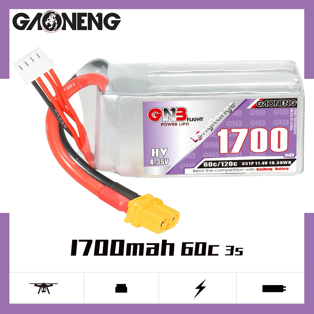 

GAONENG GNB 1700 мАч 11,4 в 60C 3S 1P светильник Легкая фара HV Lipo батарея XT30 штекер для RC FPV гоночного дрона UAV радиоуправляемых запчастей