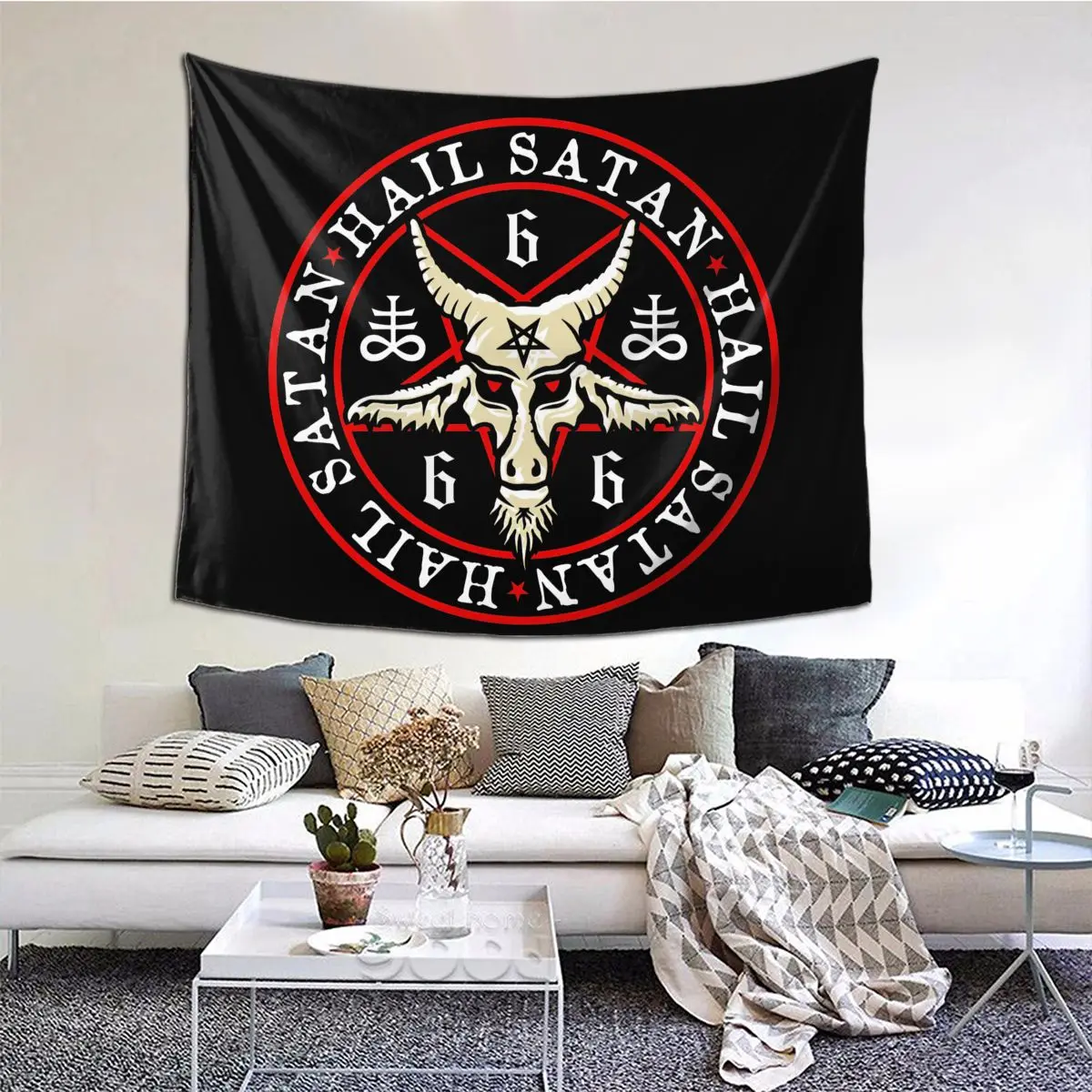 

Hail Satan Baphomet In Occult Inverted Pentagram Tapestry Wall Hanging Hippie Polyester Tapestries Dorm Decor Blanket 95x73cm