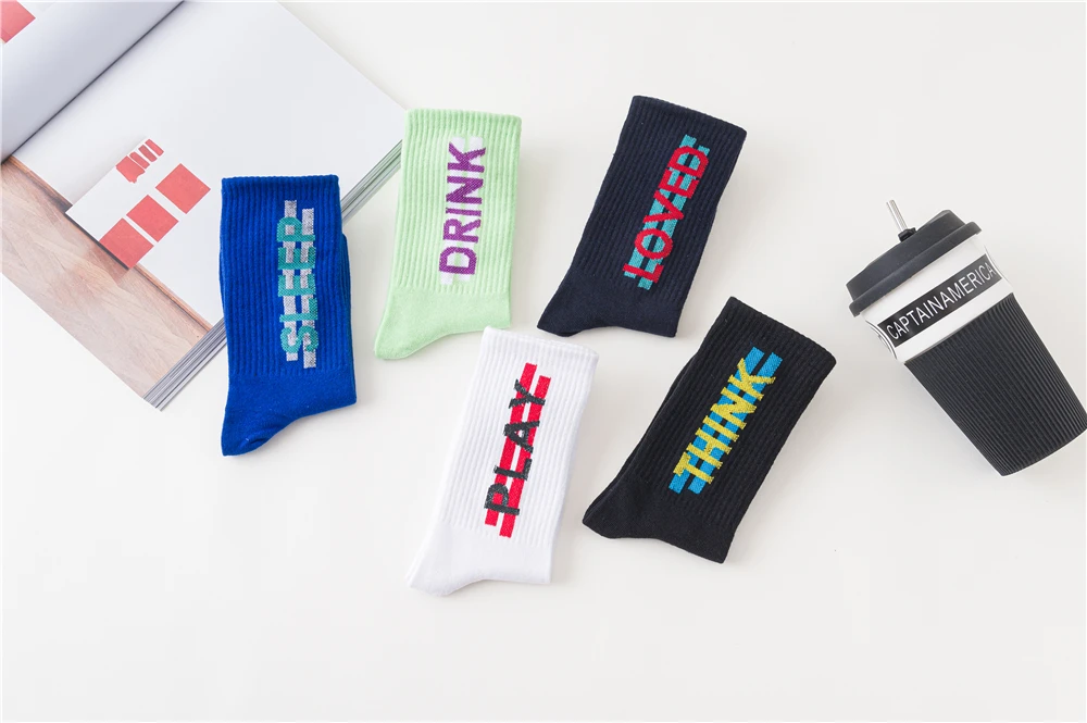 Women's Funny Words Loved Think Drink Sleep Play Lettered Striped Art Socks Couples Skateboard Hipster Street Dance Harajuku Sox