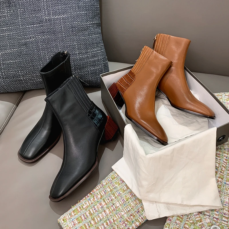 

Fashion Brown Genuine Leathe Ankle Boots Square Toe Zipper Wedding Shoes For Women Female Winter Handmade Short Chelsea Boots
