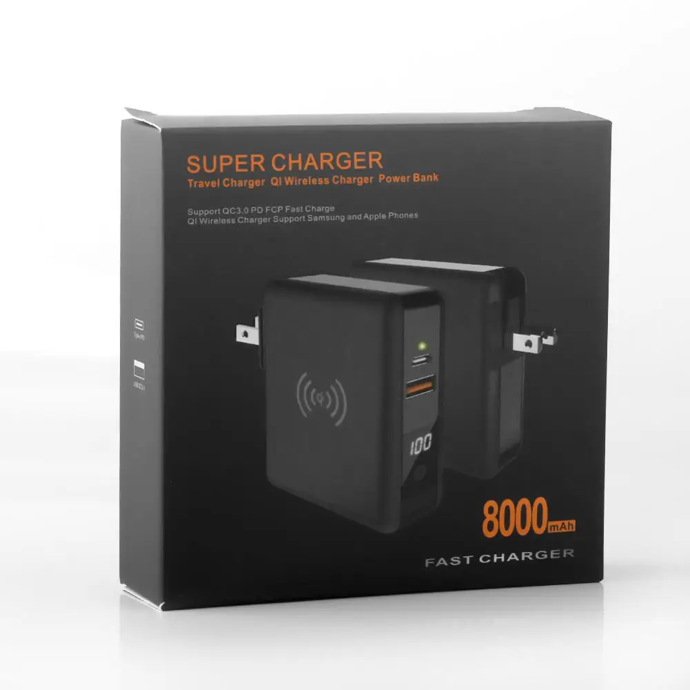 

8000mAh QI Wireless Charger Charging USB Type C Travel Plug Power Bank with Digital Screen for iPhone 11 XsMax XR Samsung Huawei