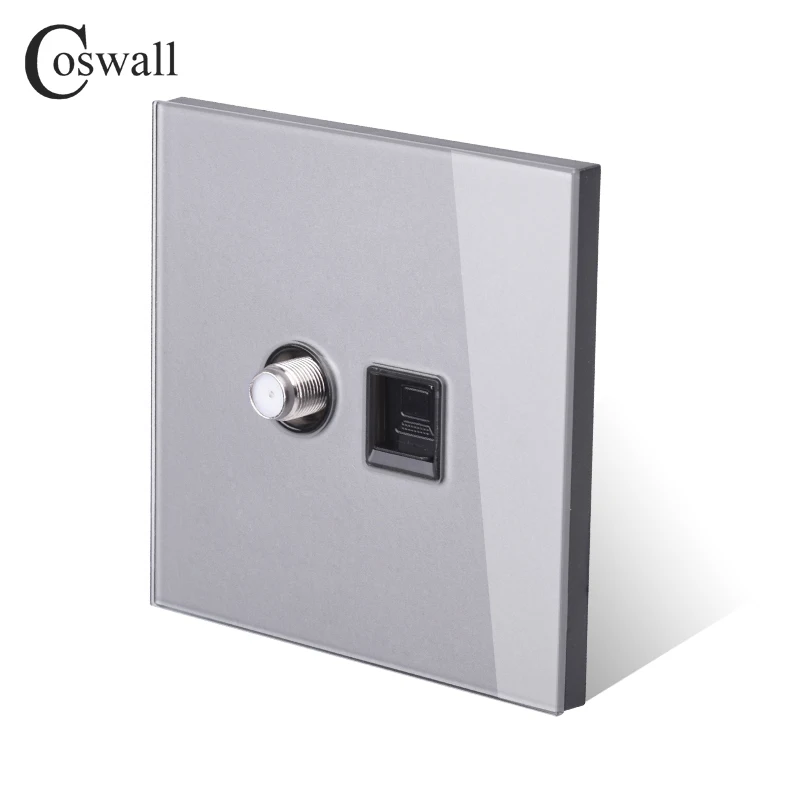 COSWALL Кристалл стекло панель настенная розетка спутниковый разъем+ RJ45 CAT5E данных компьютер Интернет-разъем R11 серии серый цвет