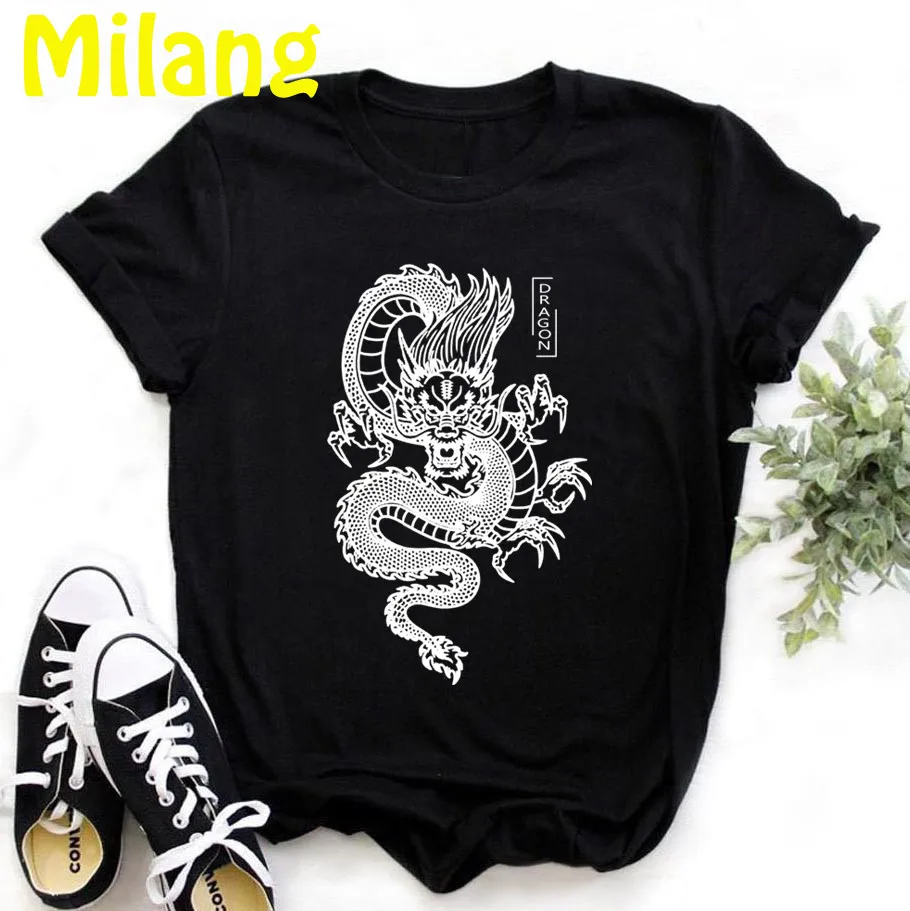 

Fashion Chinese Dragon Cartoon Mujer Camisetas White Top Tshirt Aesthetics Graphic Short Sleeve Black t-shirt Polyester T-shirt