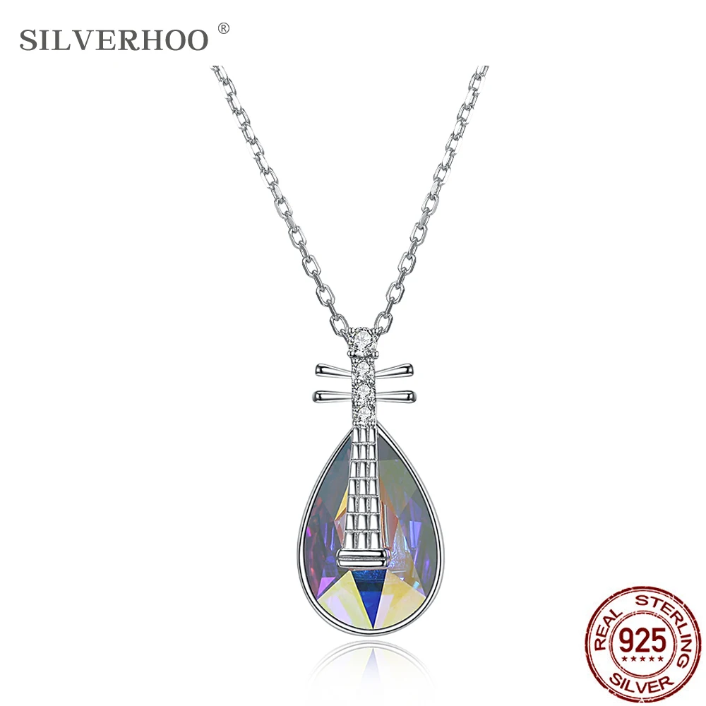 

SILVERHOO S925 Sterling Silver Classical Pipa Modelling Pendant Necklace Irregular Austria Crystal Women Fall Fine Jewelry