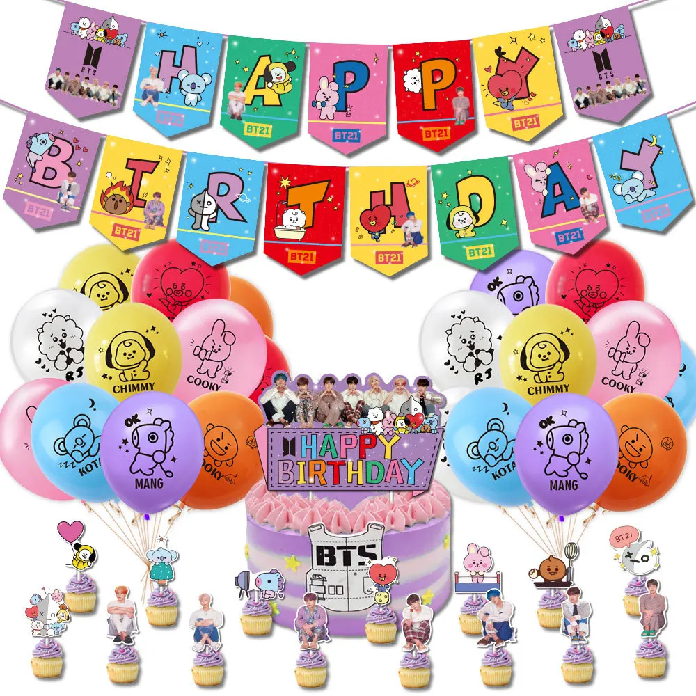 Suministros para fiesta de cumplea&ntilde;os de Kpop Bangtan Boys, incluye pancarta, adorno para pastel, decoraci&oacute;n para cupcakes, globo para fiesta de cumplea&ntilde;os de ni&ntilde;a-0