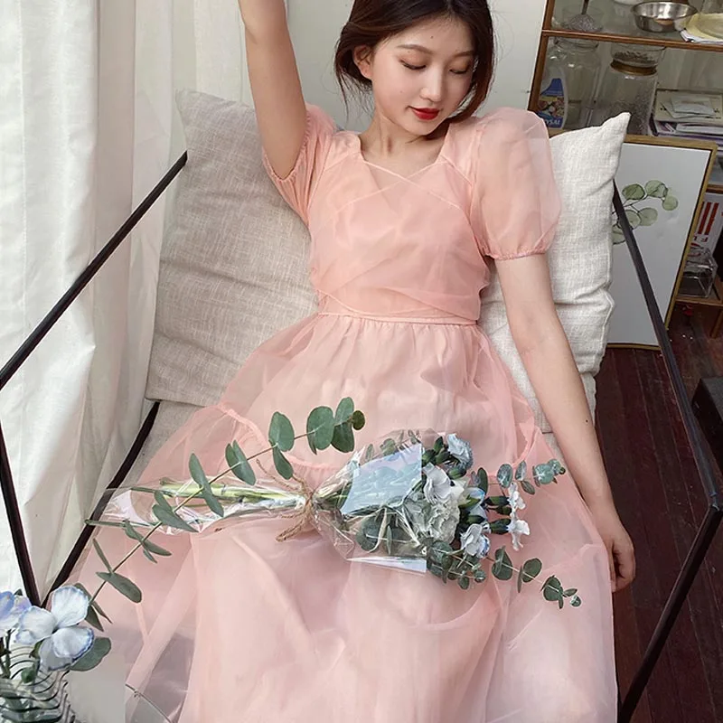 

One-Piece Elegant Designer Dress Women French Pink Bandage Dress Casual Slim Lace Chiffon Dress 2020 Summer Autumn Women's Dress