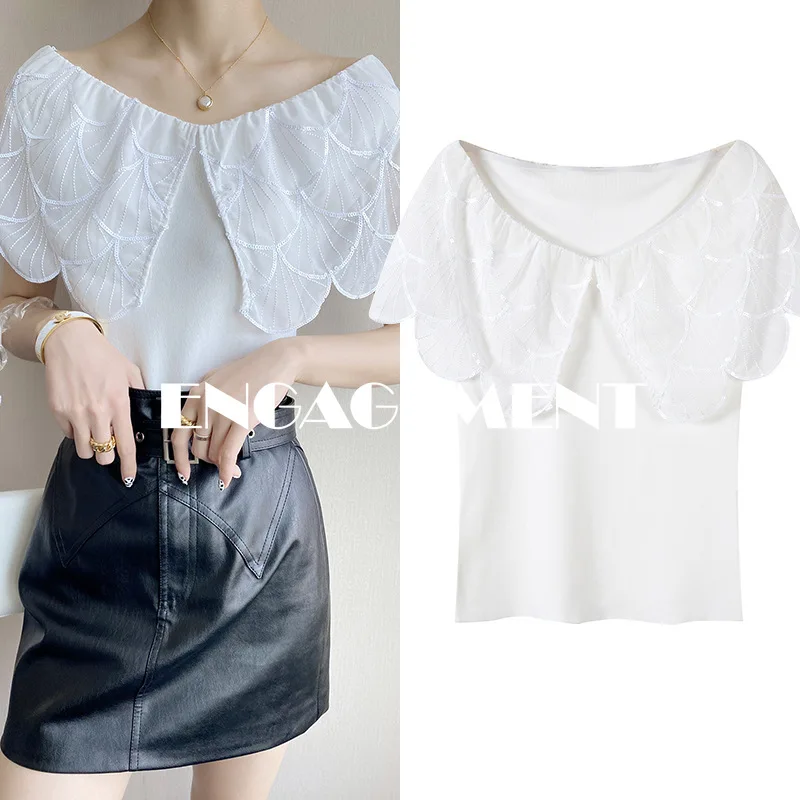 

ENGAGEMENT High Quality 2021 Summer New Word Shoulder Fish Scale Doll Collar Sweater Slim Short Embroidered Blouse Women