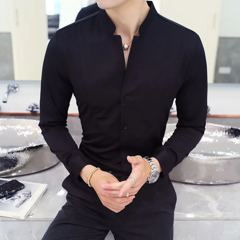 Men Stand Collar Chinese Style Shirt Long Sleeve Slim Fit Solid Color Business Dress Shirt Mens High Quality Party Tuxedo Shirts