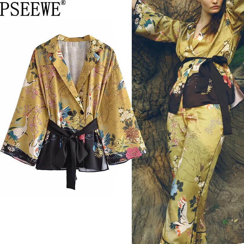 

Женская блузка PSEEWE Za, желтый топ с принтом, женская летняя Модная рубашка с поясом и пуговицами, Женская винтажная блузка с длинным рукавом, ...