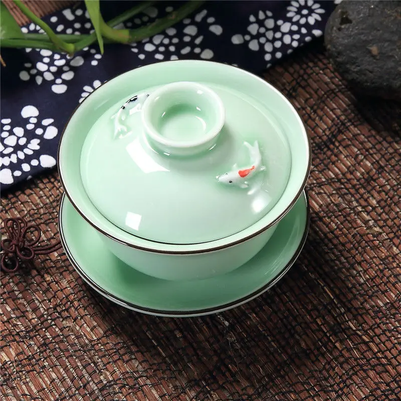Чайный набор [GRANDNESS] Longquan Celadon Gaiwan Gongfu чайных 3d рыбок кружка 140 мл|Заварники| |