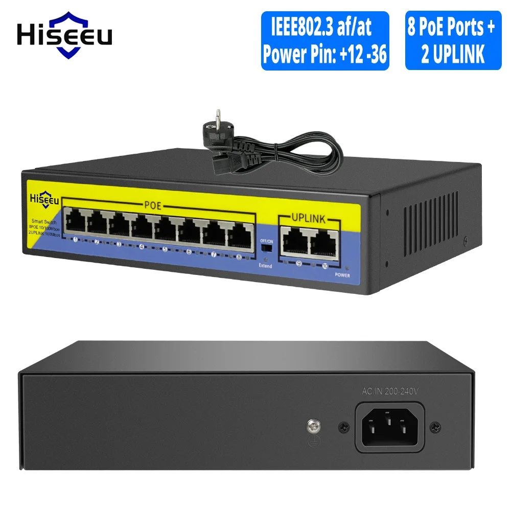 48V коммутатор питания через Ethernet 8 Порты 2 Uplink 10/100 Мбит/с IEEE 802,3 af/at для IP Камера/камера видеонаблюдения системы безопасности/Беспроводной AP