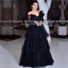 Женское вечернее платье, черное Тюлевое платье трапециевидной формы, с длинными рукавами, с открытыми плечами