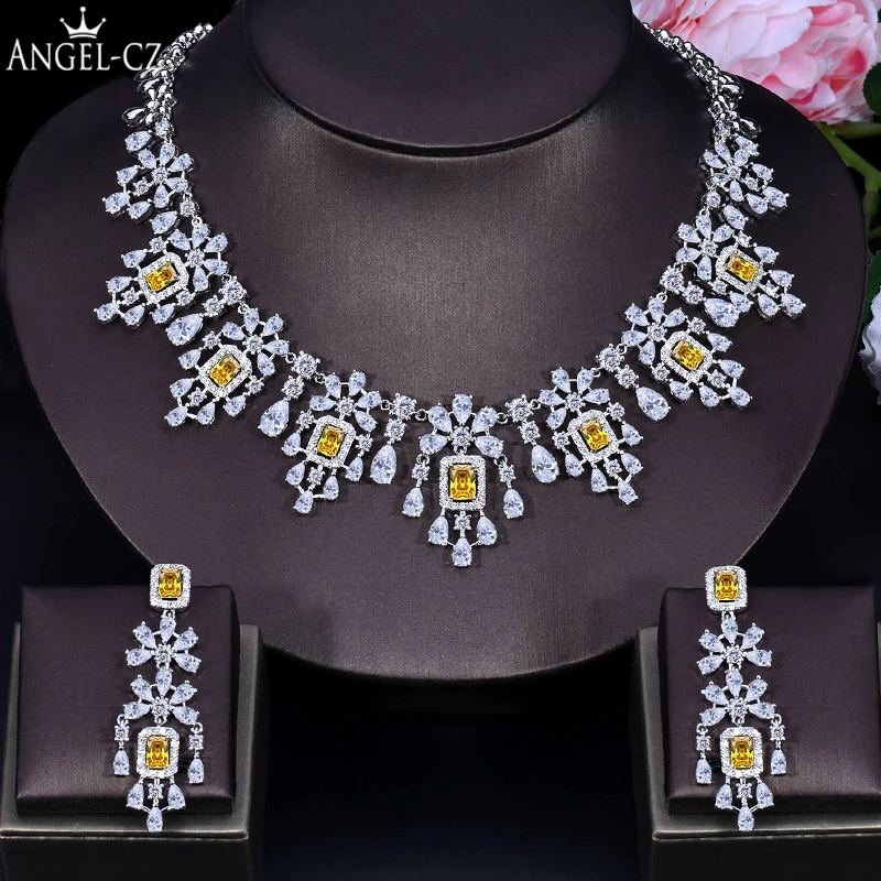 Эксклюзивный Дубайский Свадебный костюм от ANGELCZ, желтое кубическое циркониевое ожерелье с кисточками и квадратными подвесками, серьги AJ199