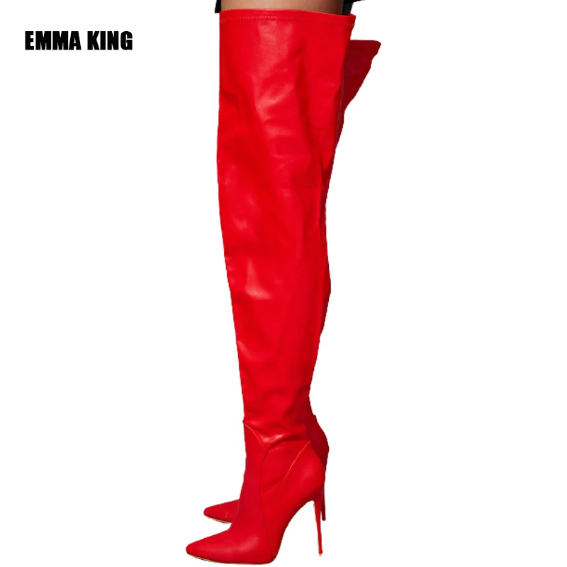 

Fashion Loose High Heel Boots Women Sexy Red Over knee Boots 12cm Heel Long Boots Women Pointed Toe Thigh High Shoes For Women