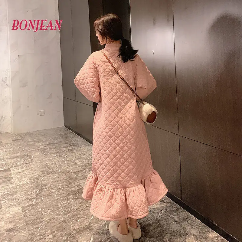 Women Winter Parka Dress Pink Rhombus Quilting Padded Long Sleeve Dress Warm Winter Streetwear Parkas Waistcoat Dress Vestidos