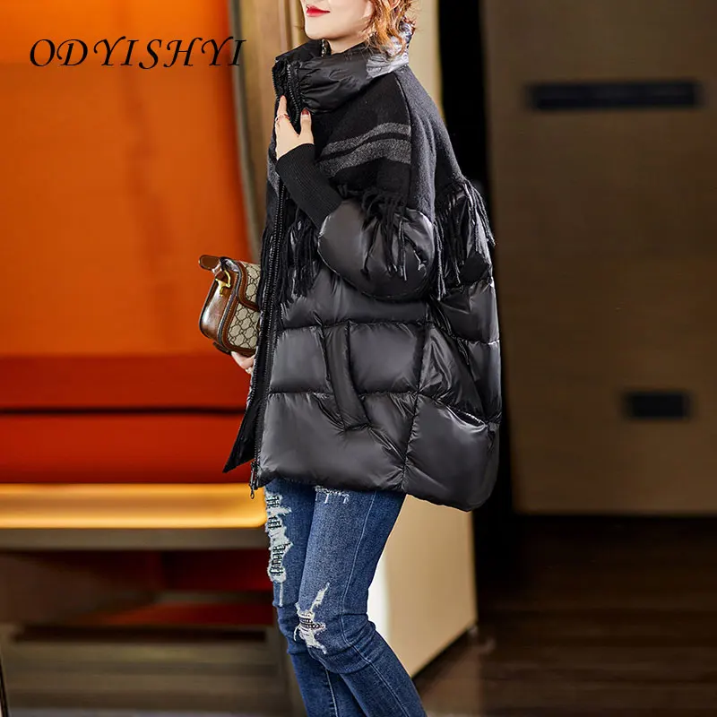 

Parka Women Down Coat Thick Winter 2021 Fashion Patchwork Woolen Tassel White Duck Down Jacket Female Warm Outwear QQ02