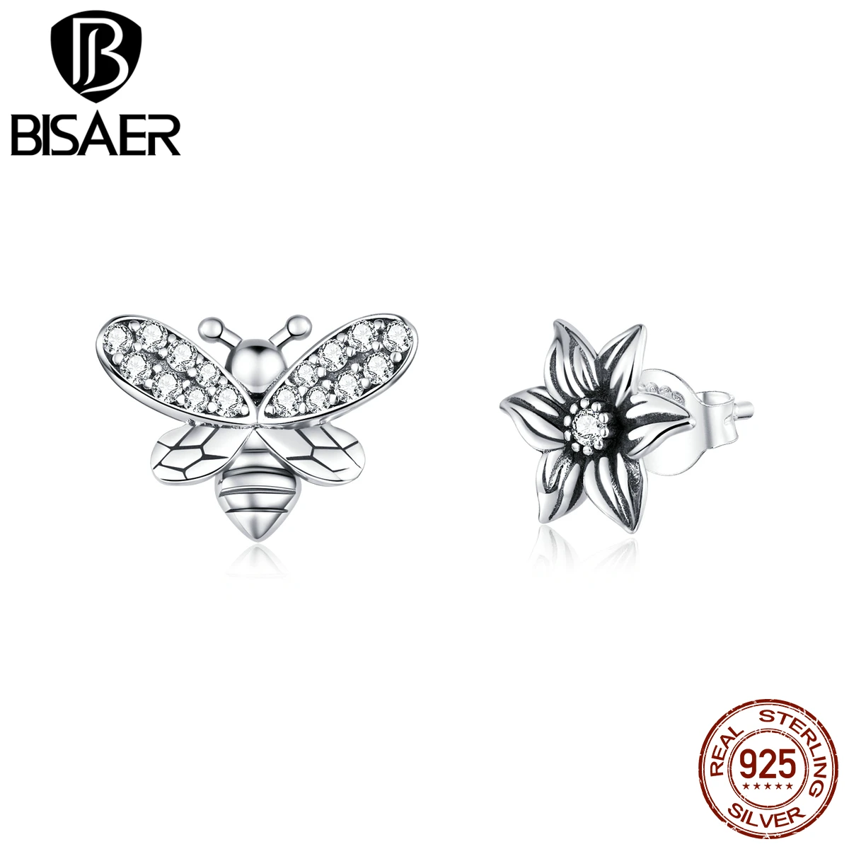 Женские серьги пусеты BISAER в виде цветов и пчелы из 925 пробы серебра с кубическим
