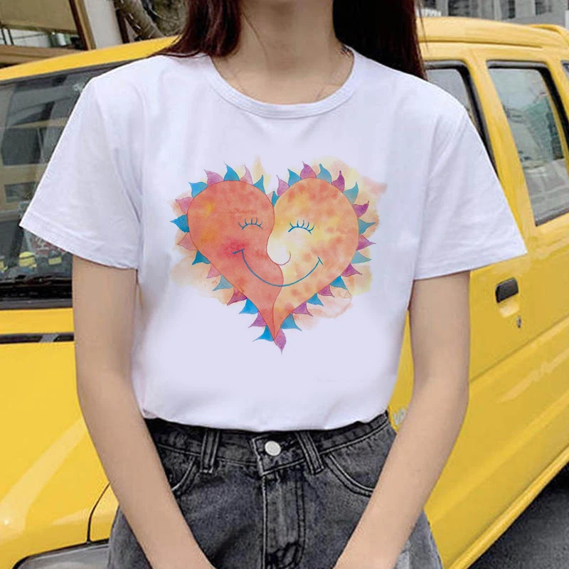 

Fashion Love Heart Printed T Shirt Women Summer Short Sleeve Heart T-shirt White Tees Shirt Harajuku Korean Street Tops
